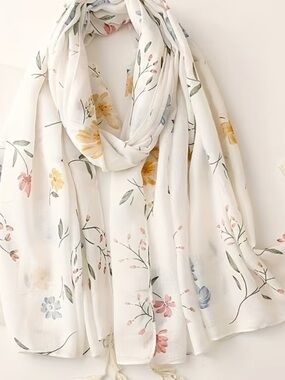 Floral Watercolor Lightweight Scarf over White New in Packaging